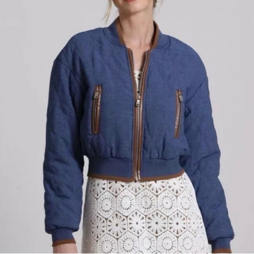 7 For All Mankind Quilted Bomber Jacket Blue‎ Chambray Size Large